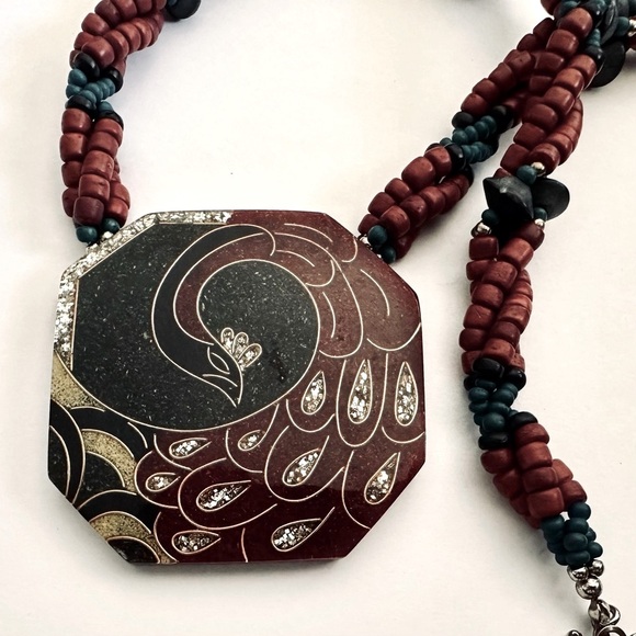 Exotic Peacock Pendant with Layered Wood Beads Necklace - Picture 8 of 8